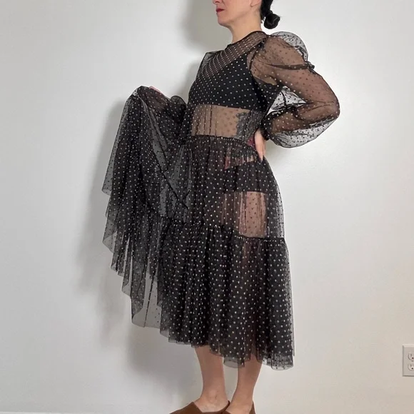 Sheer Black and Tan Polka Dot Maxi Dress - Size M - Picture 6 of 13